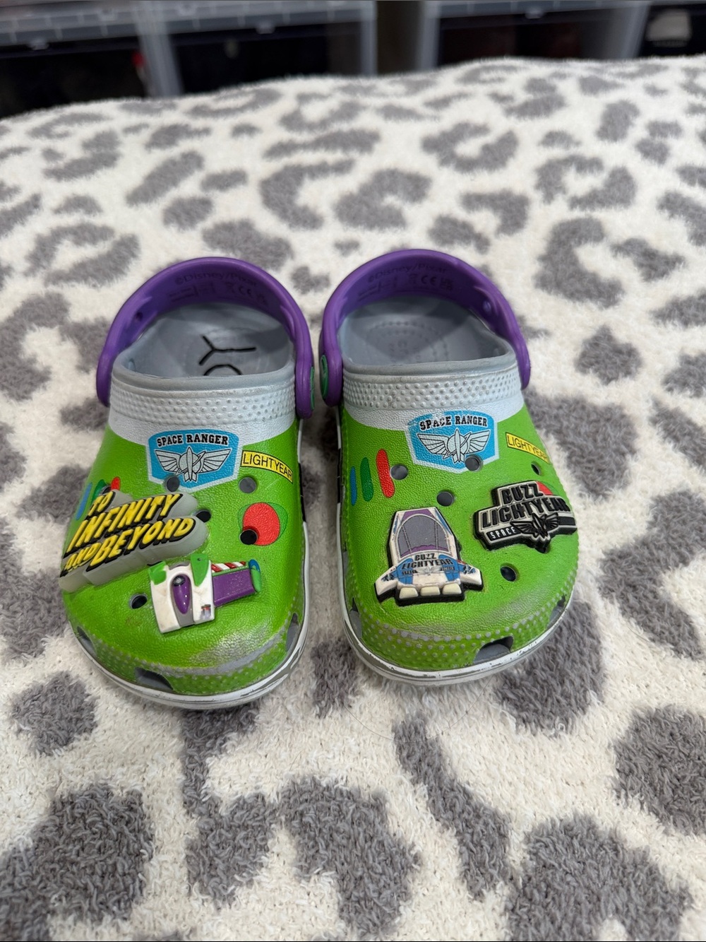 CROCS Kids Green Clog Sandals with Purple Strap - Buzz Lightyear Graphics